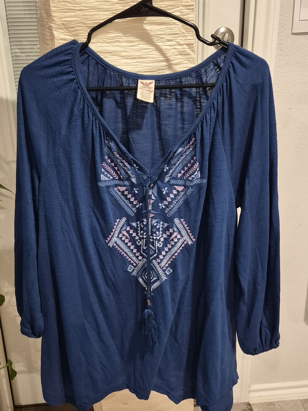 Faded Glory Blue Embroidered V-Neck Tunic with Pink Accents